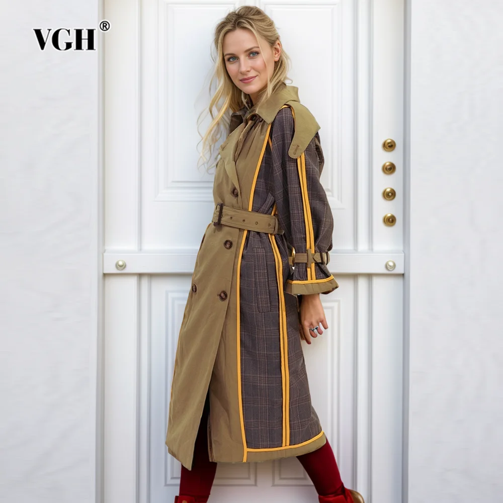 

VGH Hit Color Windbreaker For Women Lapel Long Sleeves High Waist Patchwork Belted Double Breasted Trench Female 2024 Style New