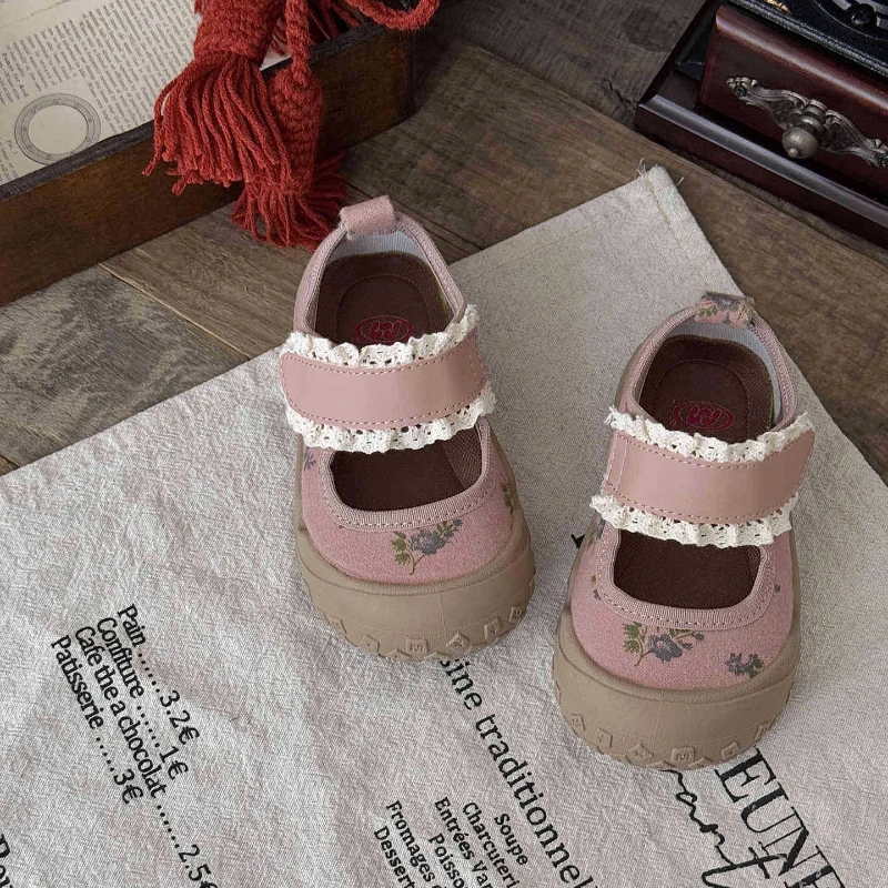 الخريف الأطفال الفتيات خمر وظيفية مغلقة اصبع القدم الدانتيل الحلو الأزهار القماش أحذية طفل الصغار عارضة شقة سوليد حذاء طفل صغير