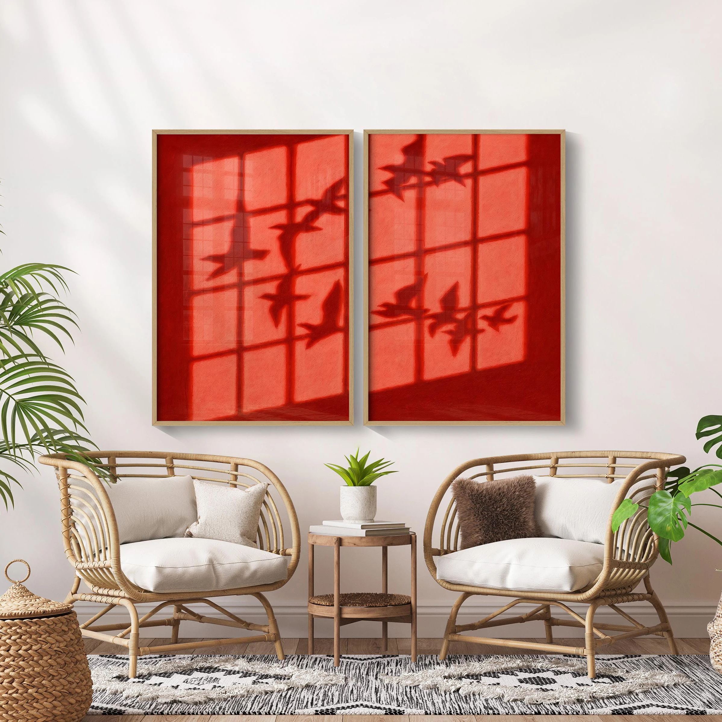 2pcs frameles,2pcs/Set Abstract Bird Flock Red Shadow Canavs Posters Frameless Dopamine Red Wall Art Posters for Living Room and