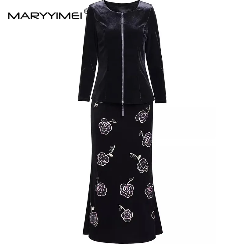 MARYYIMEI Fashion design Women's Suit Long-Sleeved High waist Round neck Tops+Embroidery Straight skirt Velvet Two piece set