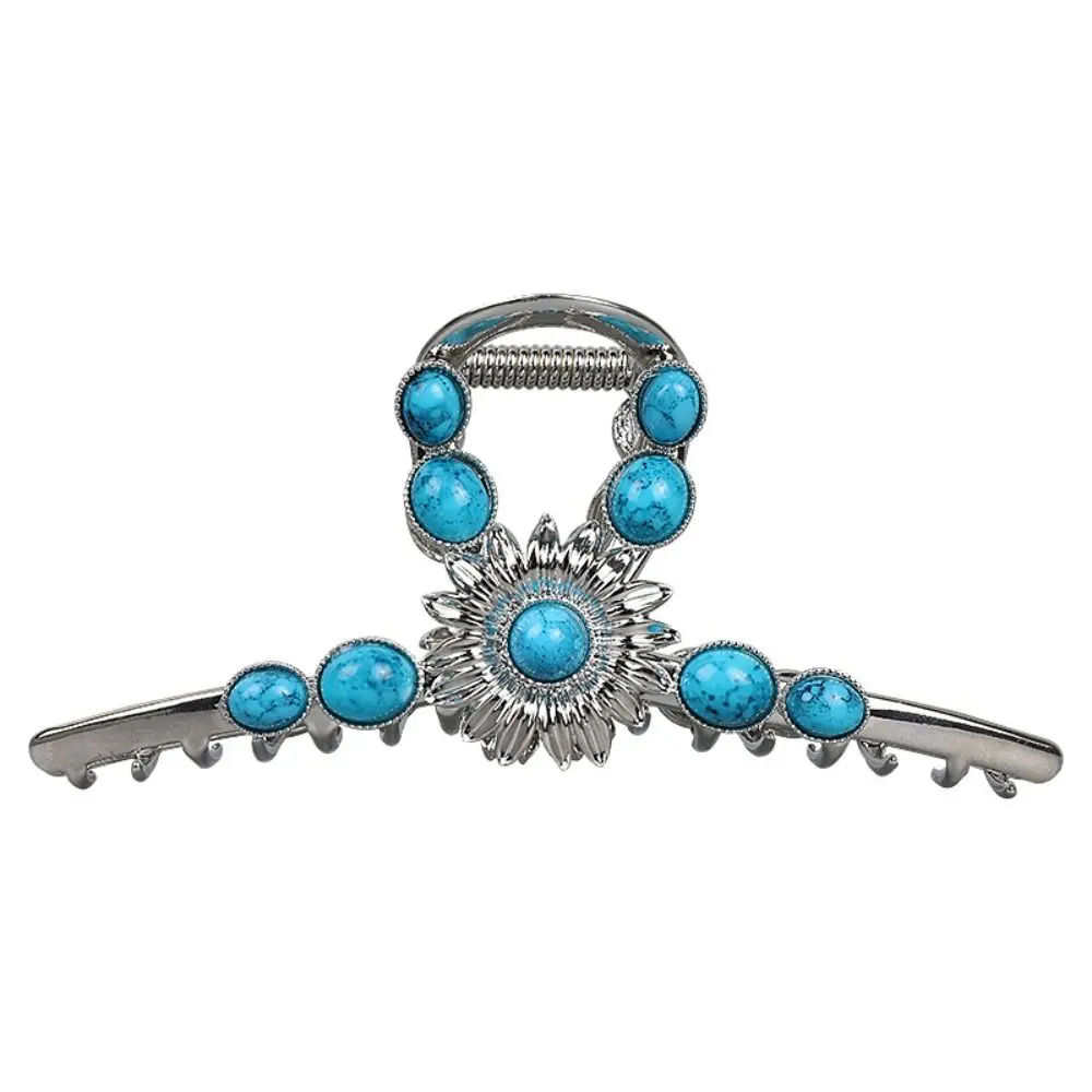 Elegant Silver Hair Clip Turquoise Blue Stone Hair Claw Sun Metal Hair Pin