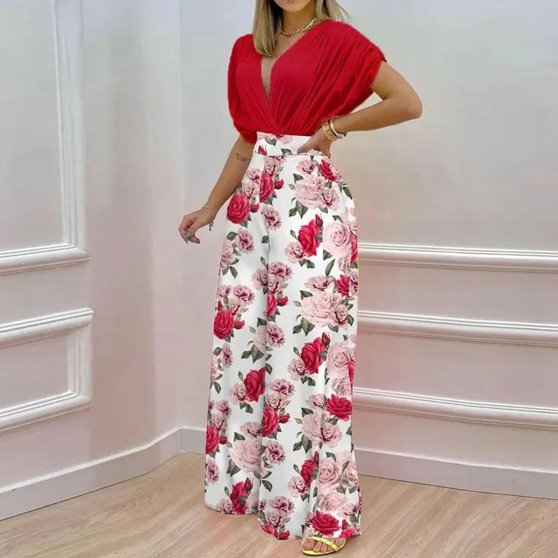 Women's Clothing 2022 Summer New Style Temperament V-neck Printed Wide Leg Pants Casual High Waist Loose Jumpsuit Large Size