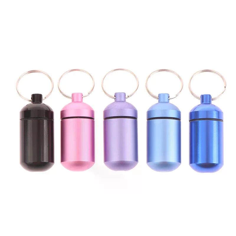 Porte-clés métallique étanche portable 2,3x5cm, flacon de médicaments d'extérieur, flacon de premiers secours scellé, vente en gros