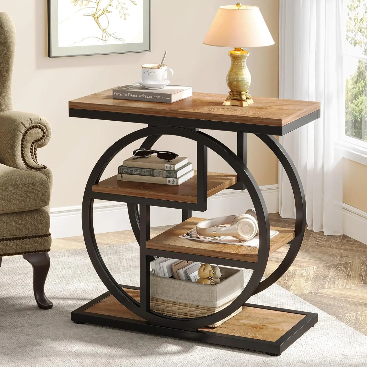 

End Table for Living Room, 4-Tier Narrow Side Table with Storage Shelves, Industrial Bedside Table for Bedroom, Wood Small So