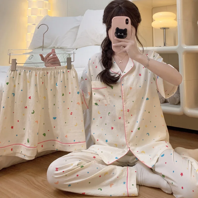 New Summer Pajamas Loungewear Three-Piece Set of Advanced Sense of Cloud Cotton Pajamas Cartoon Moon Stars Printed Loungewear