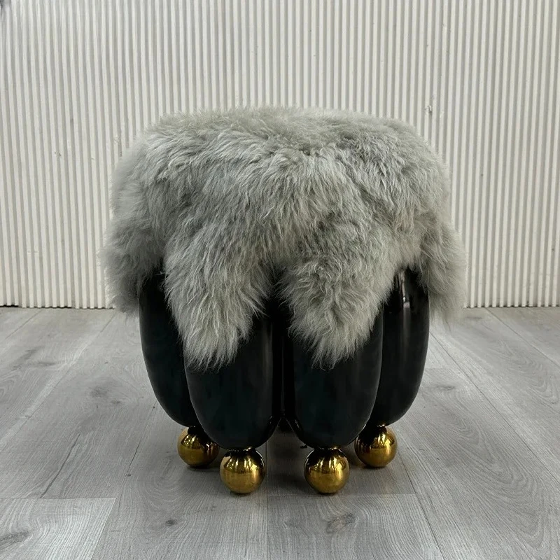 ss new styelMinimalist Creative Bullet Plush Low Stool Modern Real Sheep Beach Fur Living Room Dressing Bench Shoe Change Stool