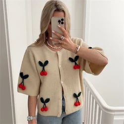 Spring and Summer 2024 New Women's European and American Fashion Casual Knitted Cardigan Cherry Decorative Sweater Short Sleeve