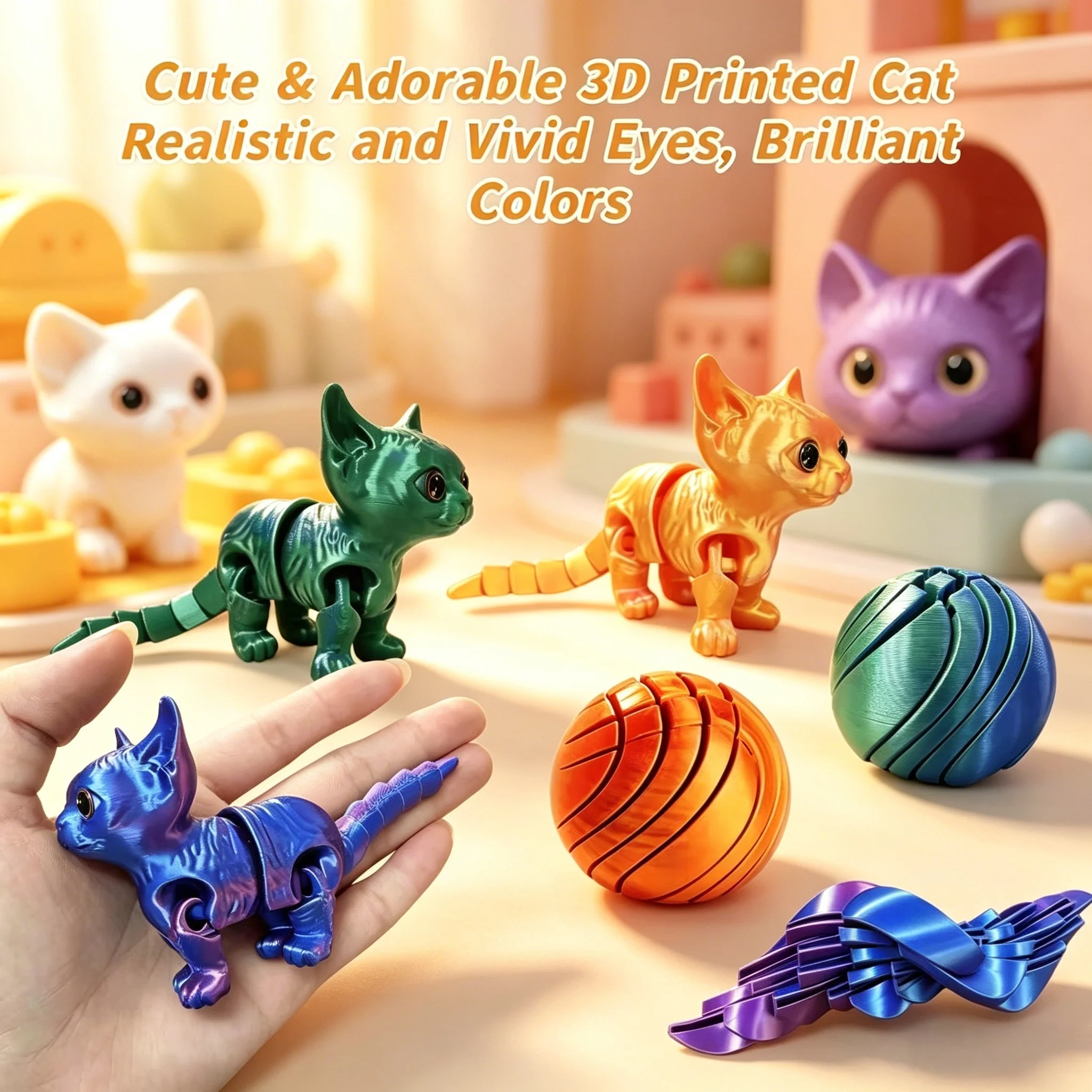 3D Printed Cute Cat, Adult Articulated Toy, Green Gradient, Orange Gradient, Purple Gradient, Cat Decoration, Round Gear Twist Ball, Liquid Flow Ball, Movable Joint Fun Cat Figurine, Sensory Toy, Stress Relief Toy, Desktop Toy, Cool Toy, Desktop Decoration Ideal for Teenagers and Adults, Holiday Gift, Birthday Gift