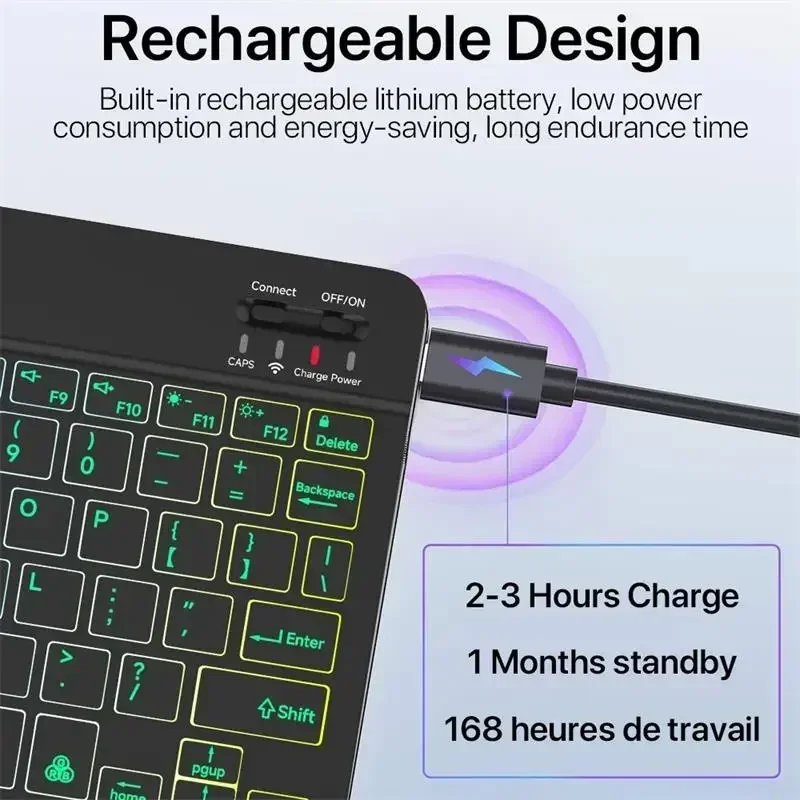 Teclado retroiluminado arco-íris compatível com Bluetooth, Mouse sem fio, Tablet, Android, iOS, Windows, iPad, Telefone