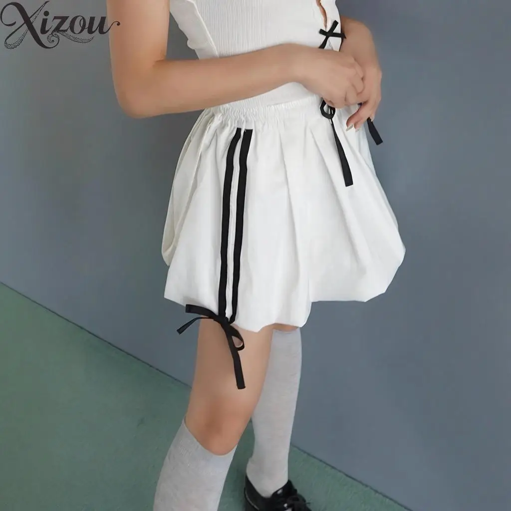 Japanese Style Side Bow Decoration Women's Elastic Waist Skirt Pants Girls Sweet Solid Color Kawaii Puff Short Skirts Summer