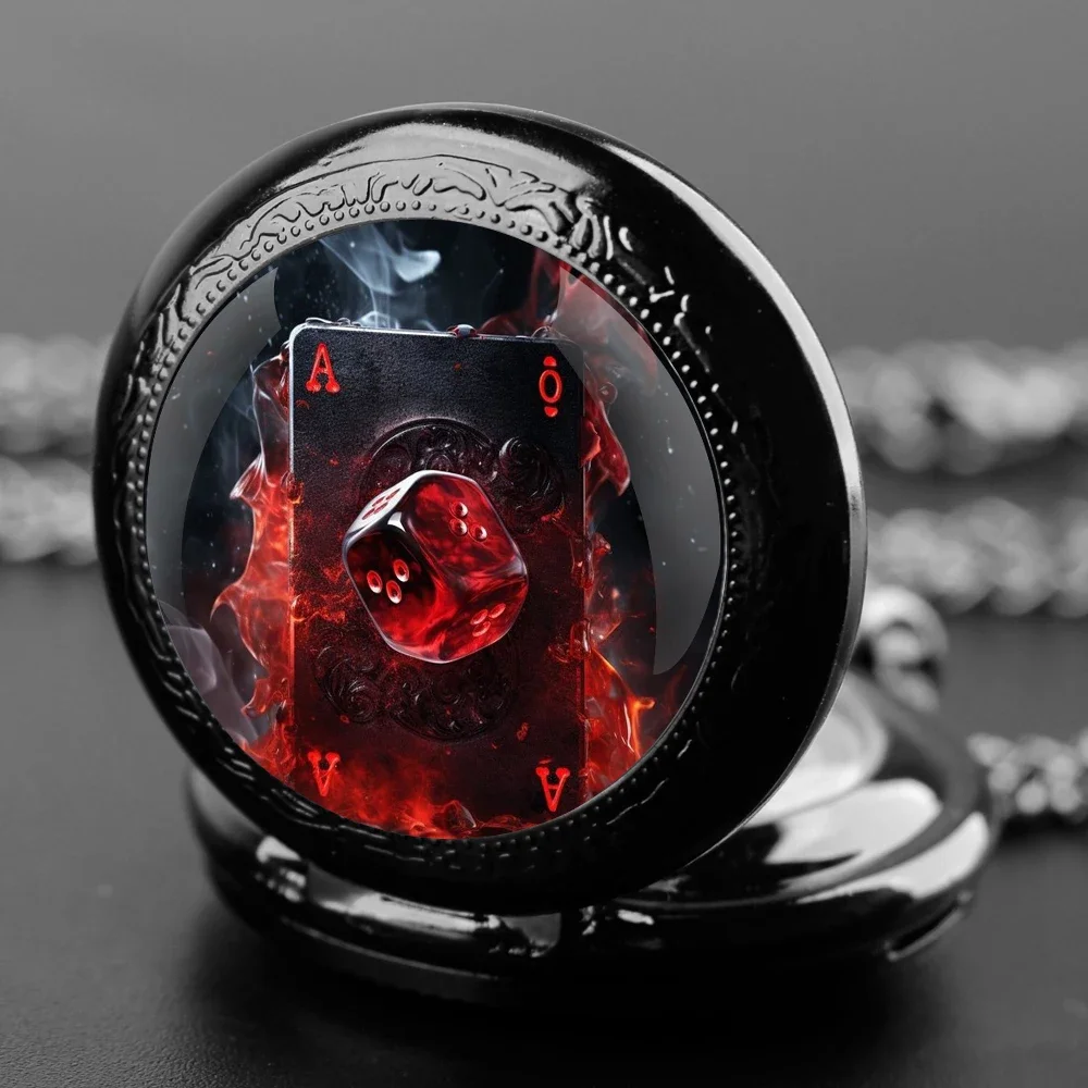 ساعة جيب كوارتز مستوحاة من نرد البوكر - قرص قبة زجاجية، سلسلة قوية، اختيار هدية إبداعي للجنسين