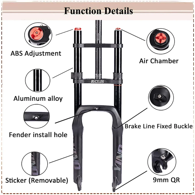 BUCKLOS 20*4.0 Snow Bike Fat Front Fork Magnesium Alloy Hook MTB Fork 135mm Travel Suspension Air Fork for E-bike Mountain Bike