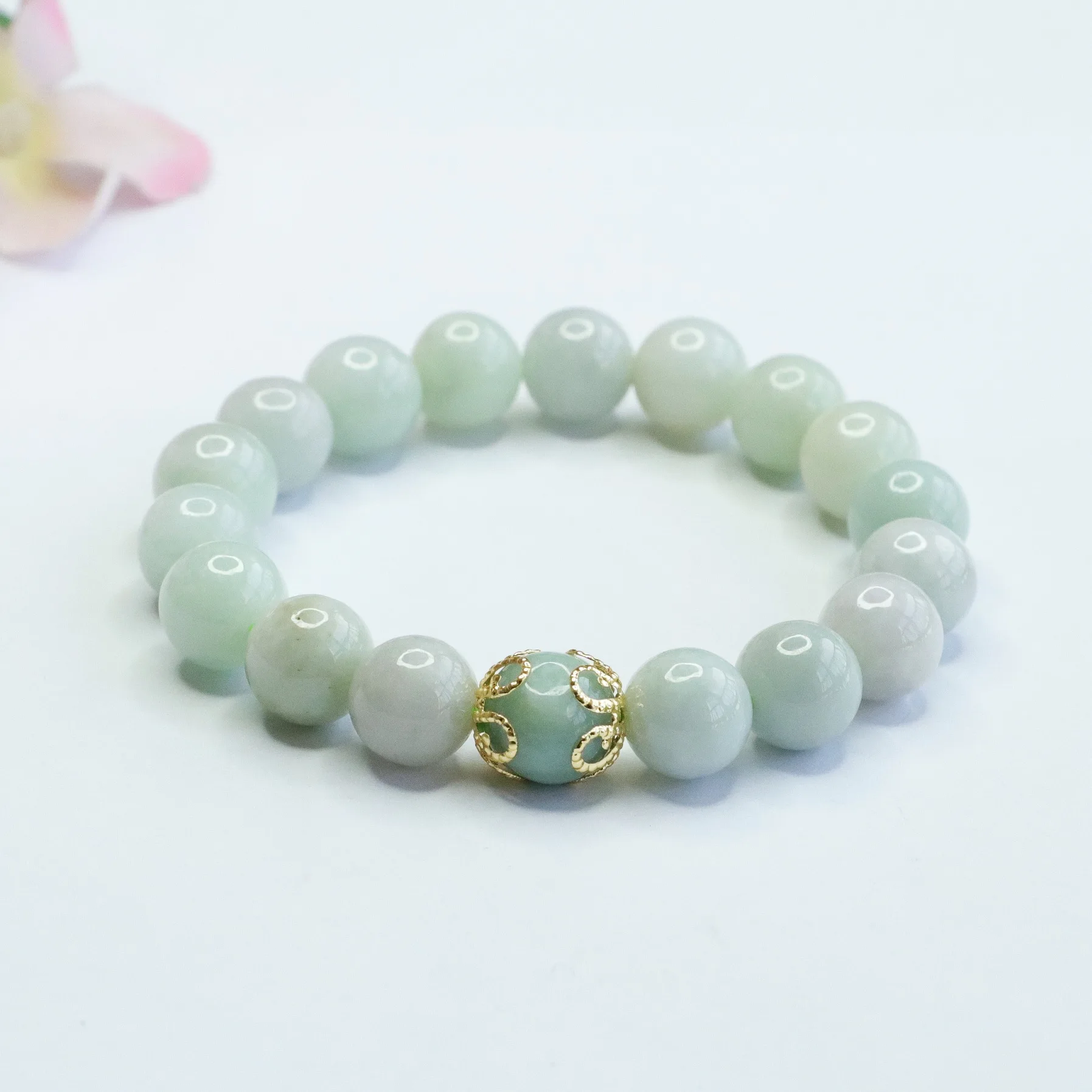 

Natural Burma A Goods Green Jade Round Beads Bracelet Elastic Rope Free Size Jade Hand String Light Luxury Jewelry Women's Gifts