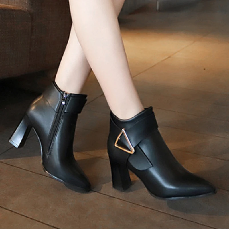 Autumn Winter New Ankle Boots for Women Thick Heeled Metal Decoration Side Zipper Casual Shoes Lady Fashion Pointed High Heels