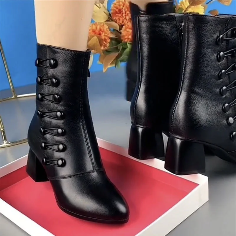 

Fall Winter Casual Thick Bottom Fleece Lined Slim High Heel Fashion Boots Women Shoes Wear Resistant Anti Slip Rubber Sole