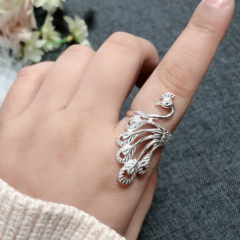 Hollow flower ring for women exaggerated personality open mouth name ethnic style peacock index finger ring