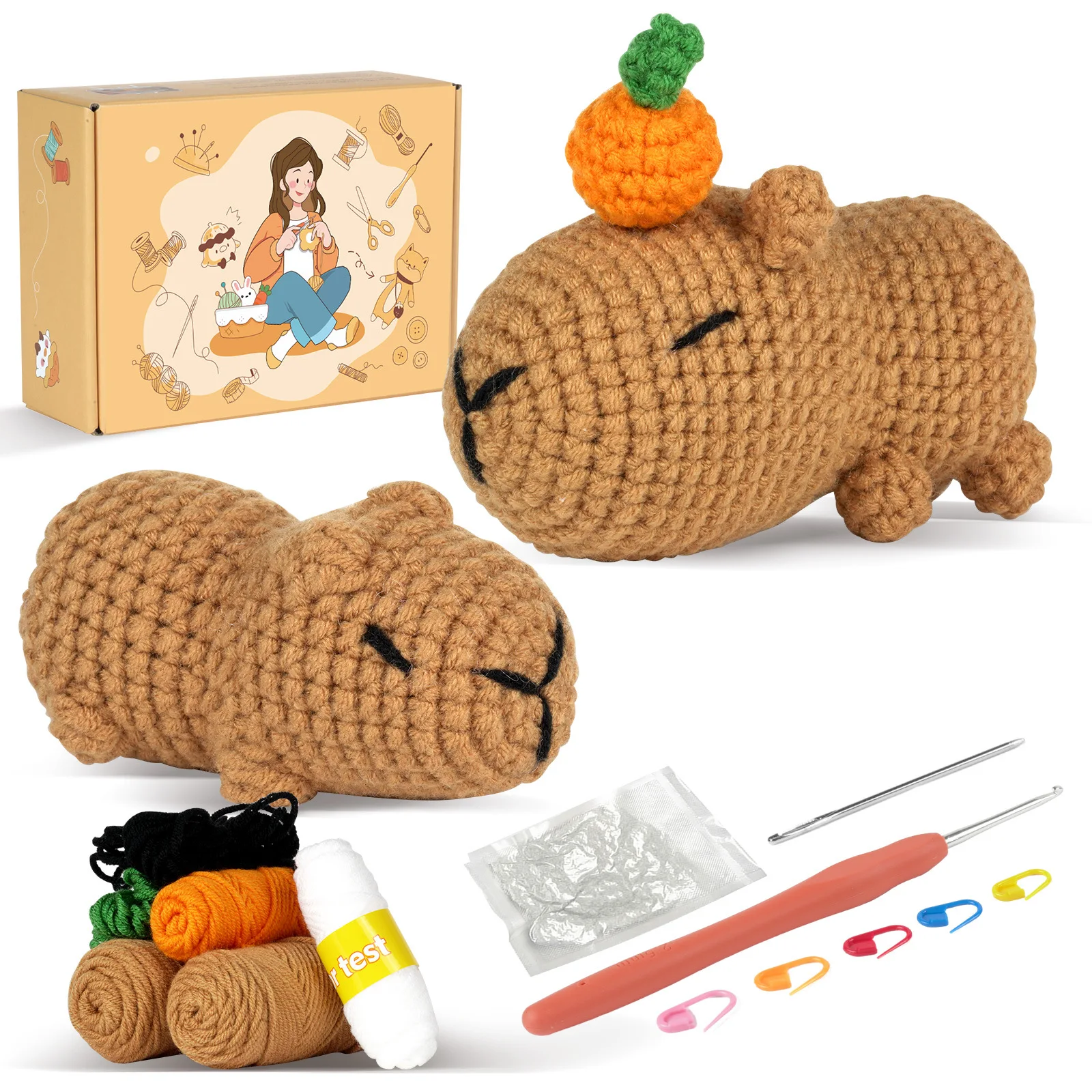 DIY Crochet Kit, Unique 2pcs Capybara Shape Material Kit for Beginners, Hand Knitting Hobby With Written Pattern&Video Tutorials