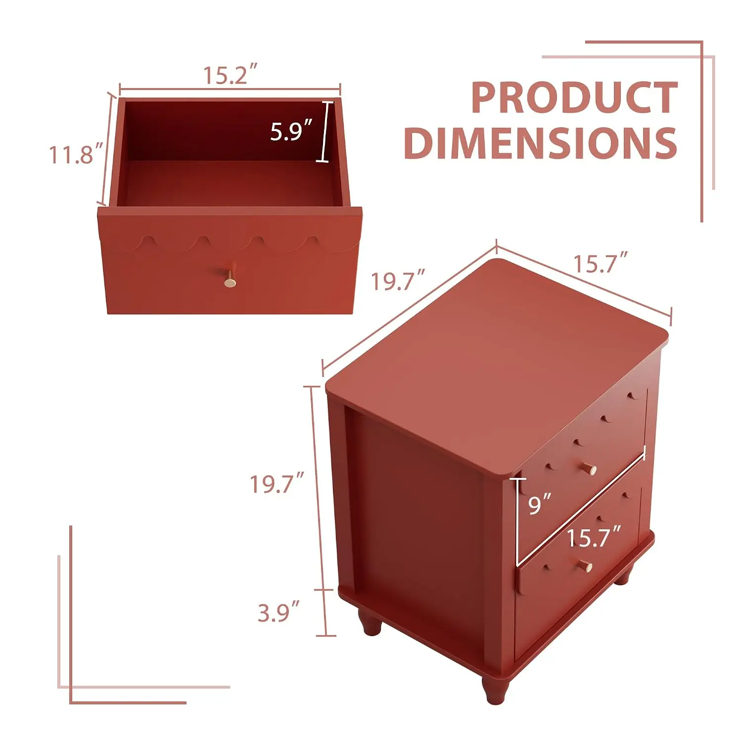 Red Nightstand with Petal Pattern & 2 Drawers, Modern Scalloped Bedside Side Table with Solid Wood Legs for Bedroom, Customized