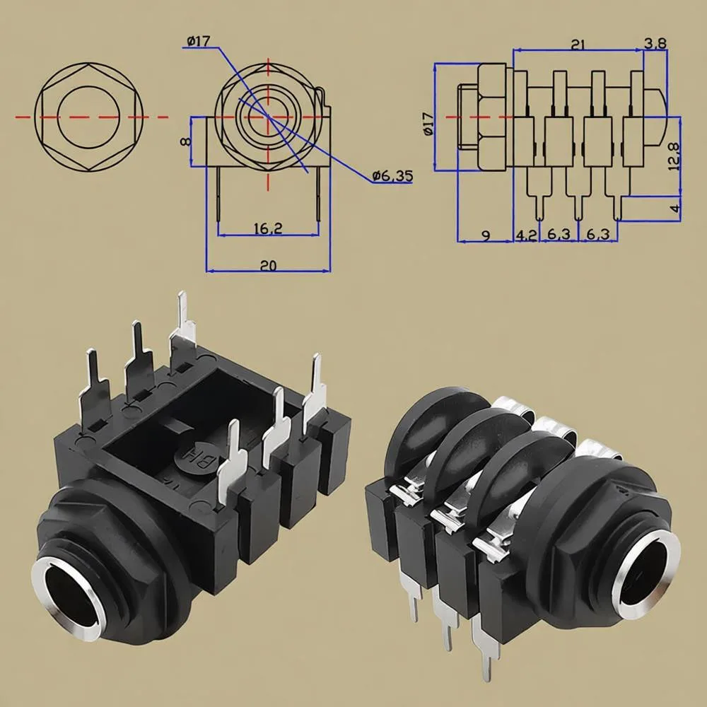 Yaru Tortoise 6.5mm Dual-channel Female Socket Six-pin Stereo Microphone Connector Nickel-Plated Copper Port for Audio Equipment