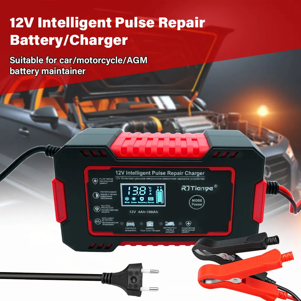 

2026 Car Battery Charger 12V 6A Touch Screen Pulse Repair LCD Fast Power Charging Wet Dry Lead Acid Digital LCD Display