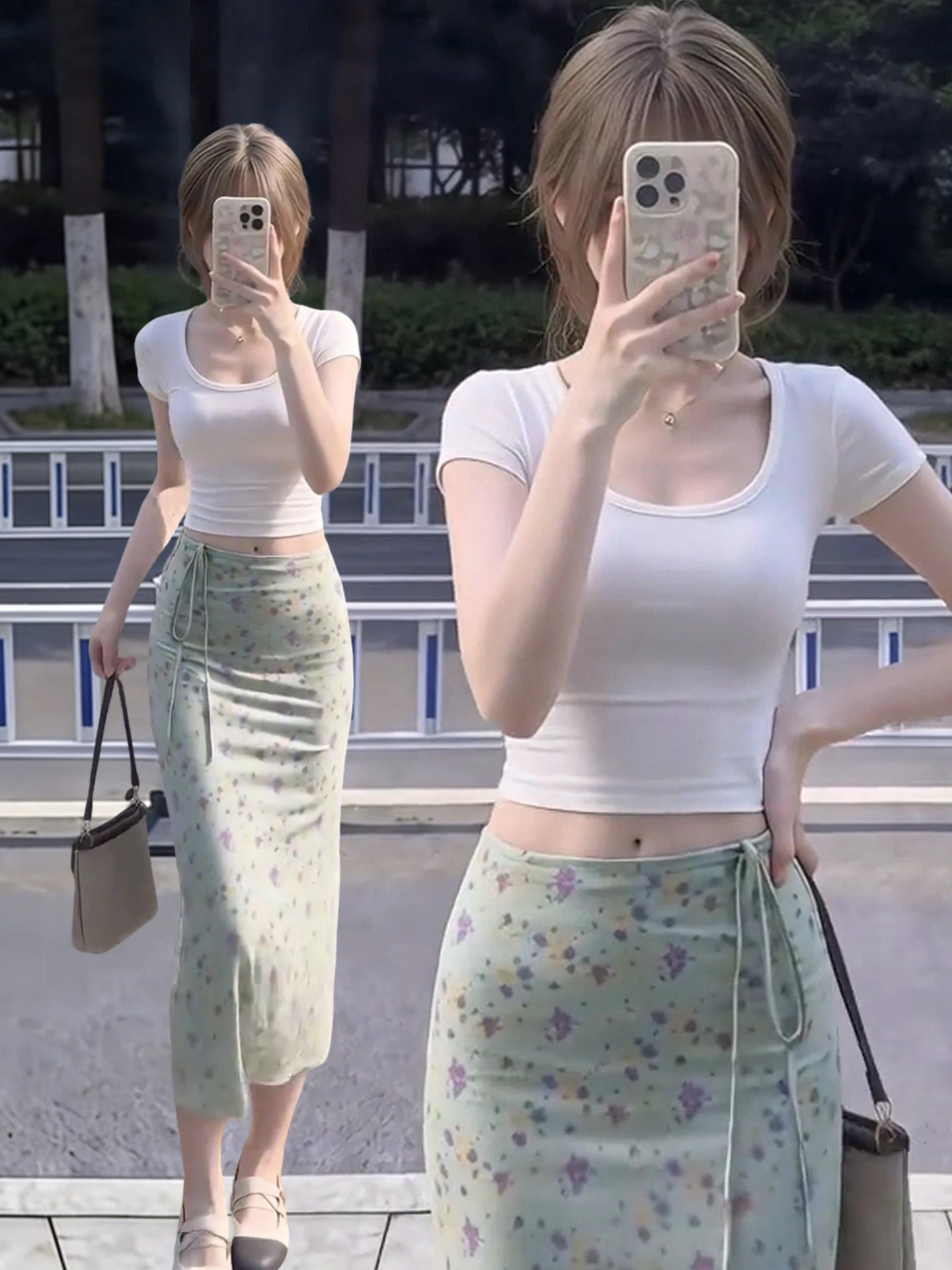 

Summer 2026 Women's Slim Fit Short Sleeve T-Shirt High Waist Floral Print Skirt Set Casual Fashion Two-Piece Ensemble