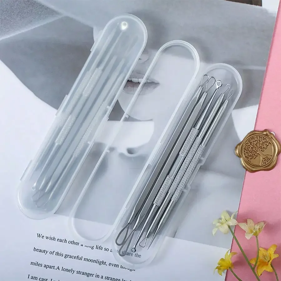 Kit de ferramentas removedor de acne de poros cravo de aço inoxidável, conjunto profissional de cuidados de limpeza facial com caixa de armazenamento, extrator de cravo