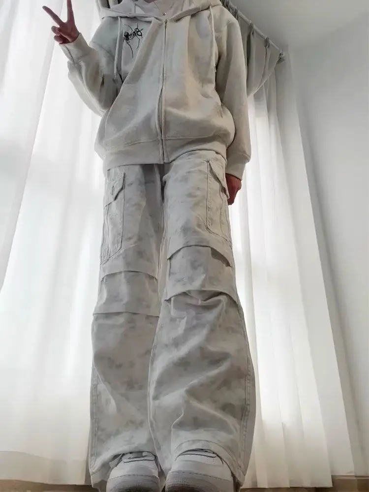 

American High Street Cargo Pants for Women Y2k Loose Straight Wide Leg Pants 2025 Summer New All-match Casual Trousers