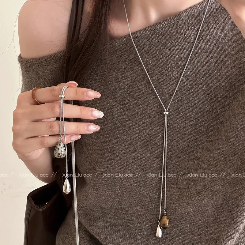 

Tiger Eye Stone Waterdrop Pull Necklace for Women 2025 New Trend Adjustable Long Sweater Chain Jewelry Wedding Party Gifts