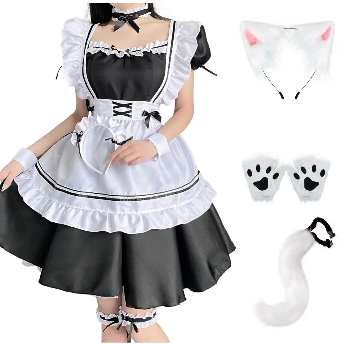 

Plus Size Black White Lolita Maid Costume Cosplay Costumes +Fox Tail Fox Ears Set Plus Cute Paw Gloves Set Halloween Party Props