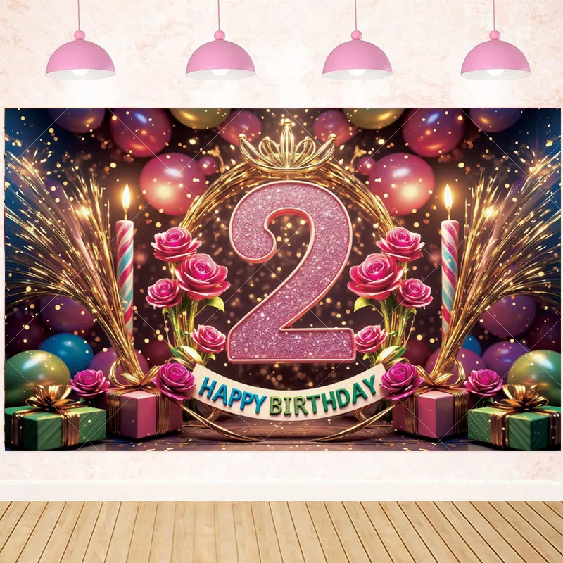 

2nd Birthday Party Background Cloth Gold Crown And Pink Balloon Theme Girl Celebration Supplies Suitable For Photo Banner Props