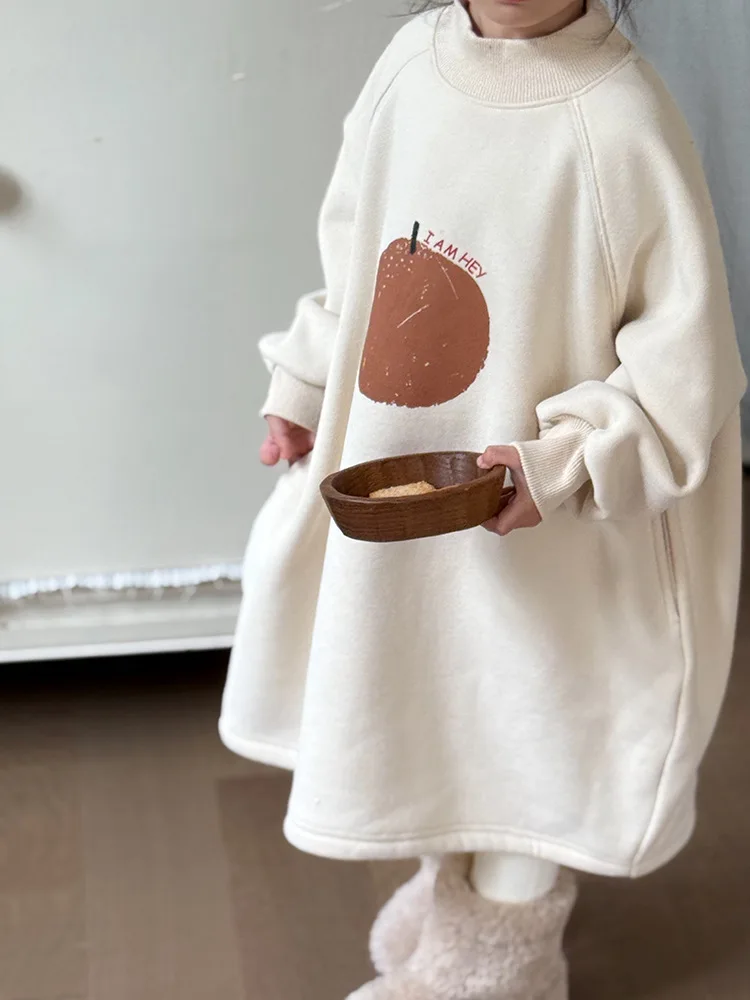 2025 Winter New Children Fleece Sweatshirt Dress Half High Collar Fruit Print Girls Plus Velvet Thick Casual Dress Kids Clothes