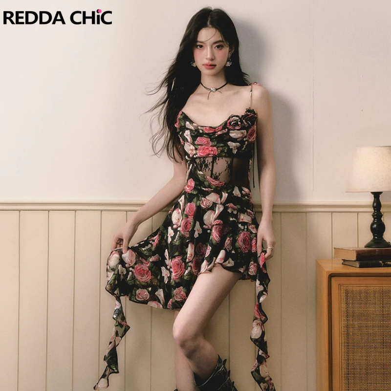 ReddaChic Romantic Rose Strappy Women One-piece Irregular Ruffle Flowy Sheer Mesh Stitch Mini Floral Dress Casual Summer Clothes