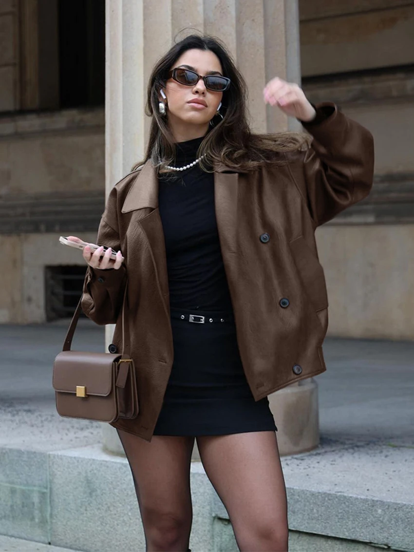 

Parc Fee Spring Loose Brown Women's Coats 2026 Fashion Lapel Long Sleeve Lady Coat Elegant Classic Solid Top Female Clothing