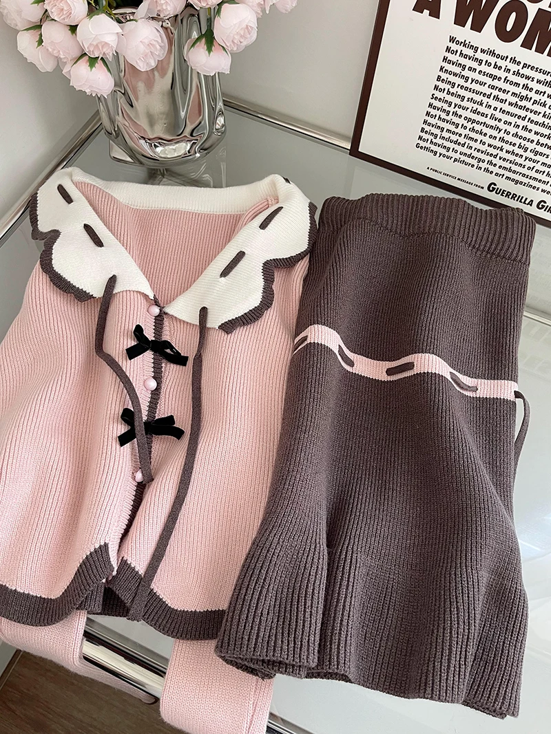 Japanese Pink Kawaii 2 Piece Set Women Off Shoulder Y2K Sweet Skirt Suit Female Korean Fashion Casual Chic Sweet Set 2024 New