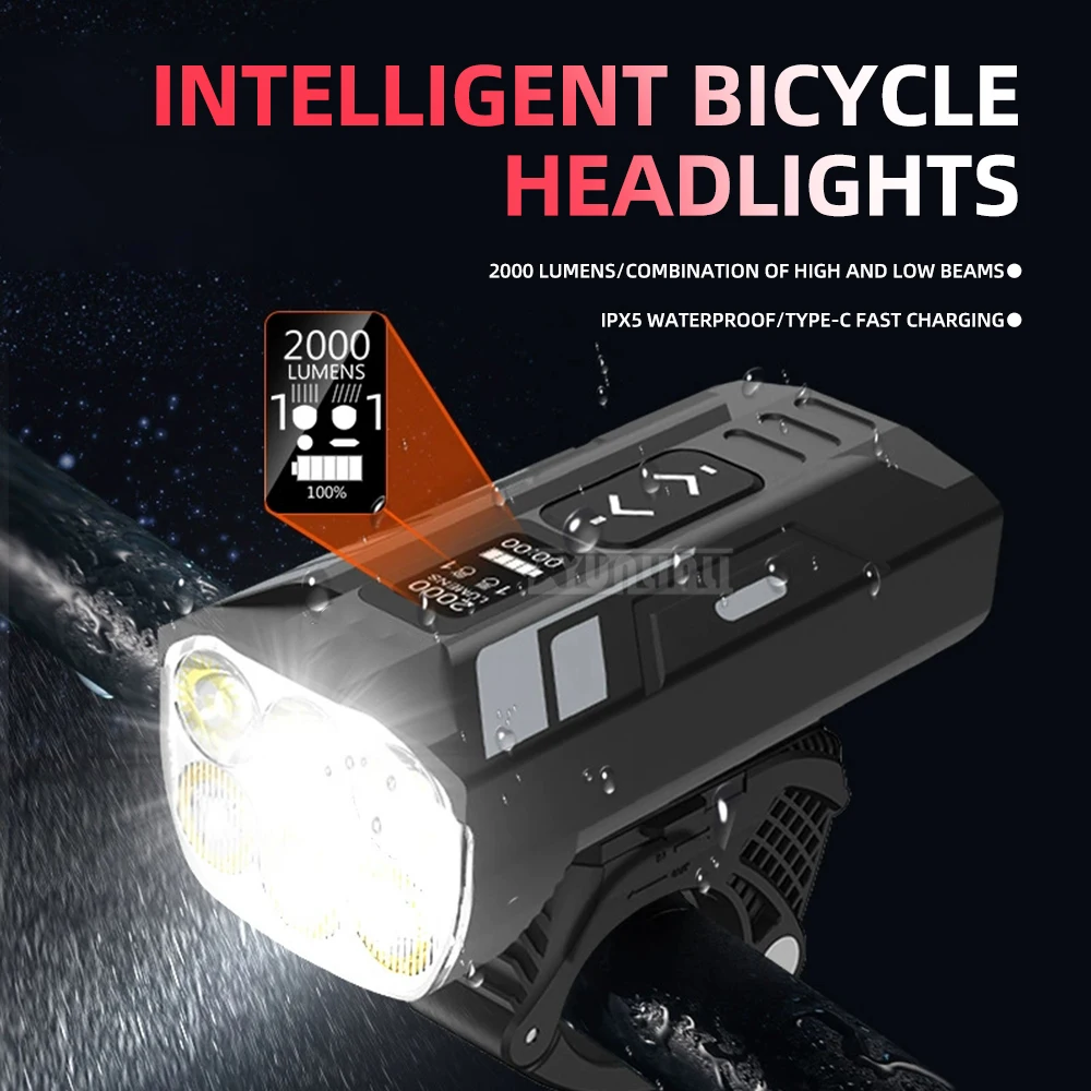 2000 Lumen Bike Headlight | USB-C Fast Charging, Waterproof Bicycle Light for Night Riding, E-Bike & Commuting