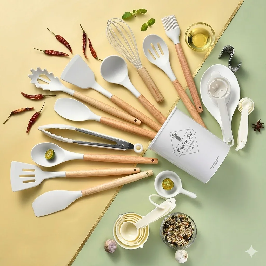 12PCS Silicone Kitchen Utensils Cooking Set Food Grade Cookware Utensils Turner Spatula Measuring Spoon Practical Kitchenware