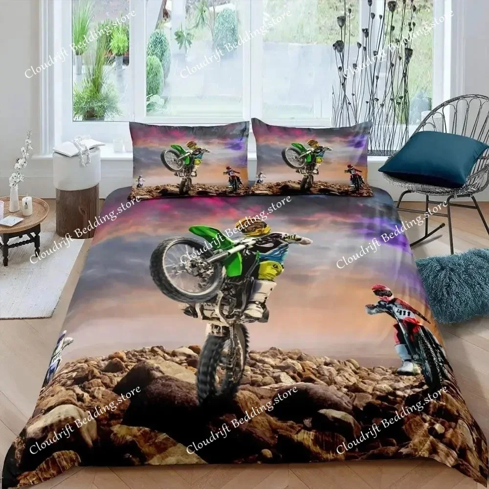 Motorbike Duvet Cover Set Twin Size Motocross Rider Bedding Set Racing Motorcycle Dirt Bike Extreme Sport Polyester Quilt Cover0