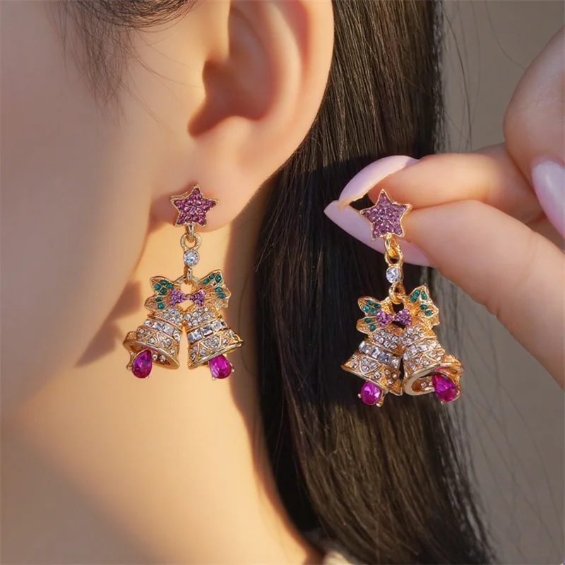 Boucles d'oreilles cloches de noël en strass pour femmes, Imitation de perles exquises, arbre de noël, étoile, bijoux de fête et de vacances
