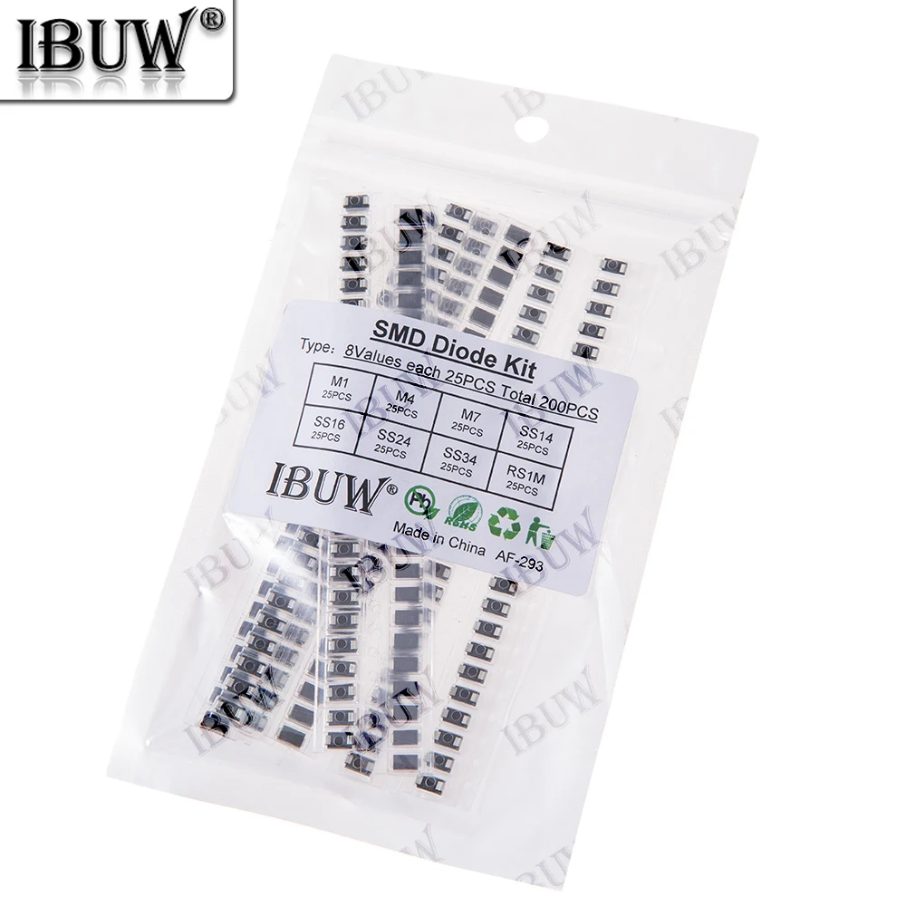 200PCS 8Values SMD Diode Kit M1 M4 M7 SS14 SS16 SS24 SS34 RS1M for Electronic Rectification KITM1 M4 M7 SS14