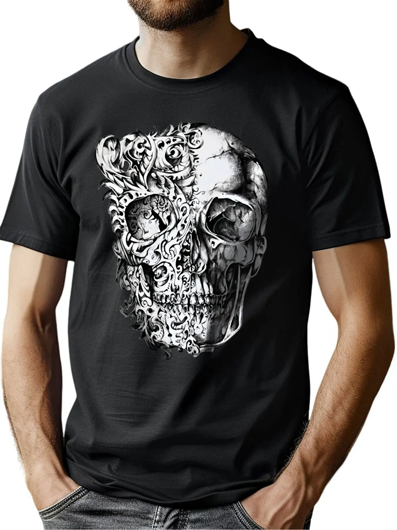 

Soft Cotton Men's Crew Neck Tee With Intricate Skull Print Halloween Gift Outdoor Comfort Machine Washable For Men