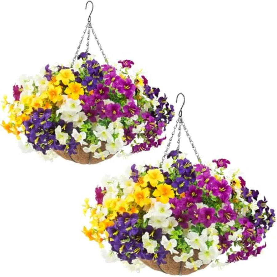Outdoor hanging baskets decor: UV-resistant faux petunias in white, yellow, purple, red-violet; 24 pcs, 2 sets, for front door