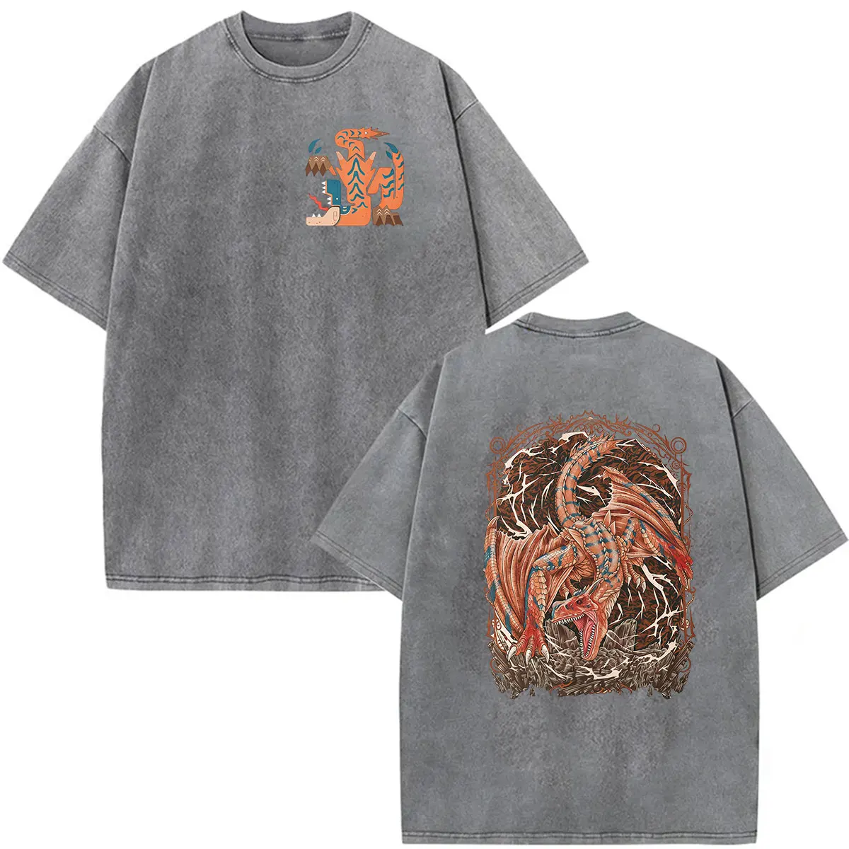 Vintage Washed Monster Hunter Lagiacrus The Lord of The Seas Game Fans T-Shirts Herren Damen Kleidung Mode Kurzarm-T-Shirt – Detail 7