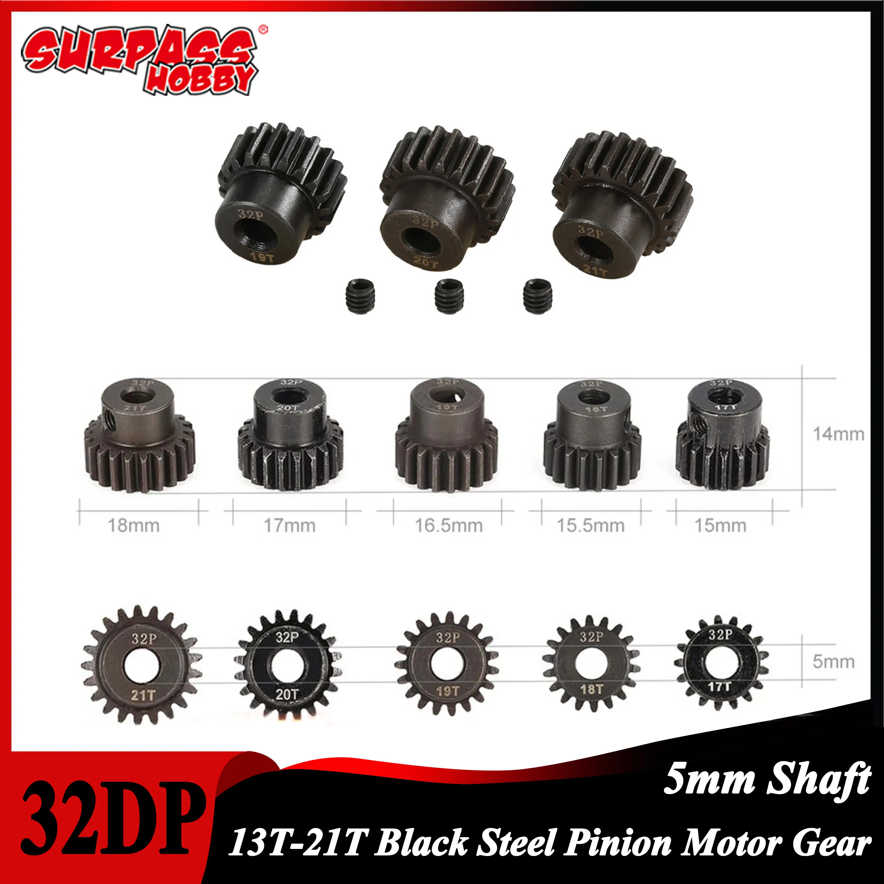 32DP 5mm 13T 14T 15T 16T 17T 18T 19T 20T 21T Black Steel Pinion Motor Gear for 1/8 1/10 RC Car Wltoys HSP Traxxas Tamiya HSP