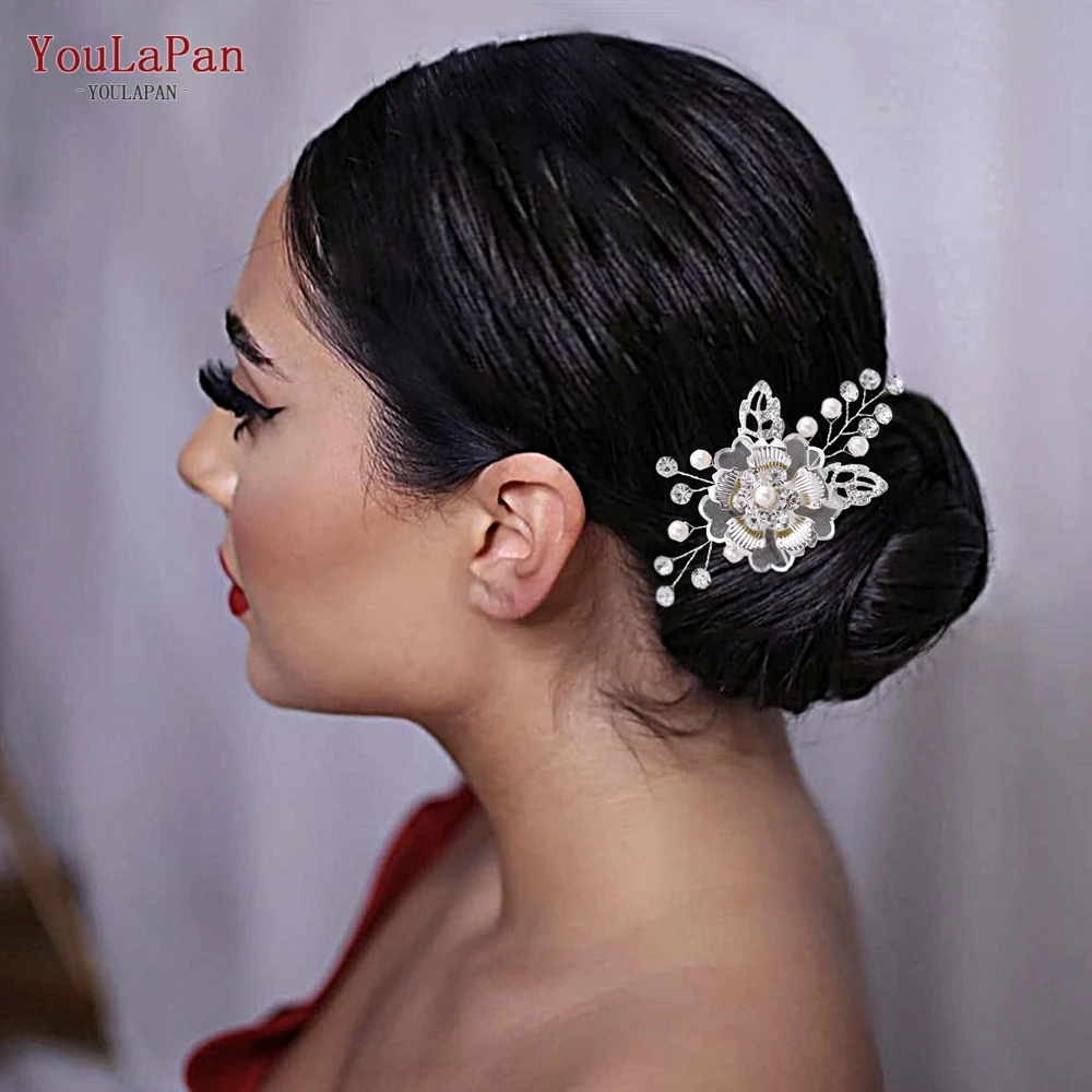 YouLaPan Silver Color Alloy Flower Bride Hairpins Pearl Rhinestone U-shaped Hair Fork Elegant Wedding Tiaras Headpieces HP505