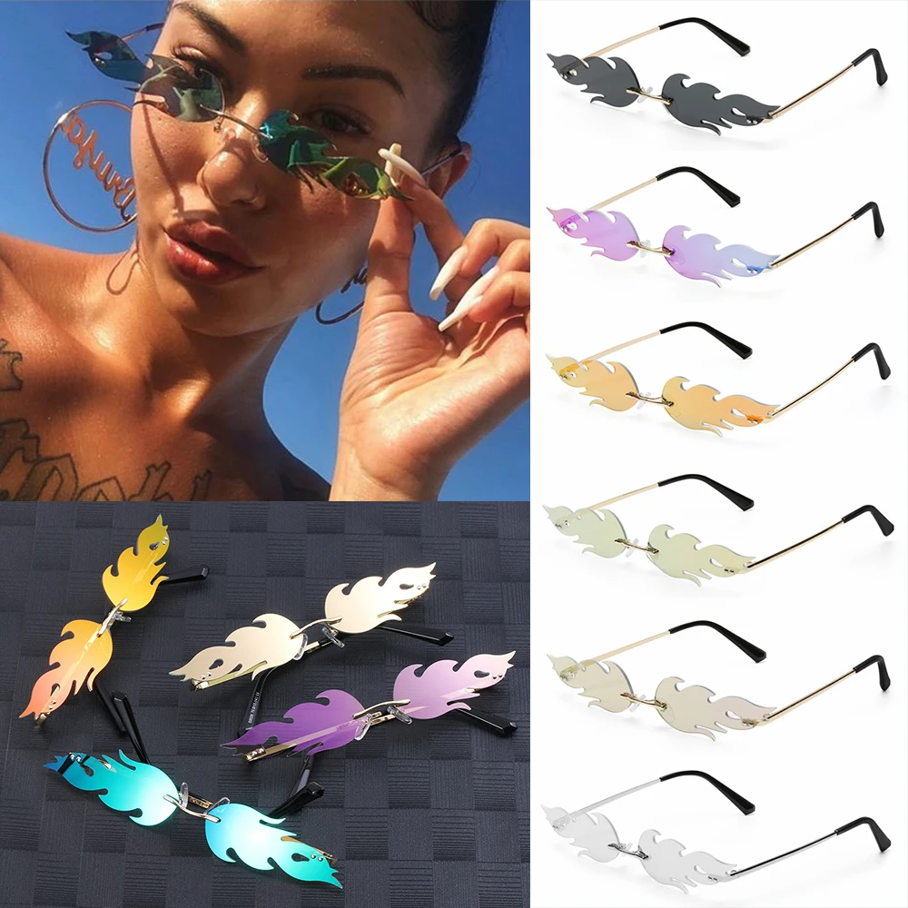 UV 400 Eyewear Narrow Sunglasses Rimless Fashion Sunglasses Wave Sun Glasses Fire Flame