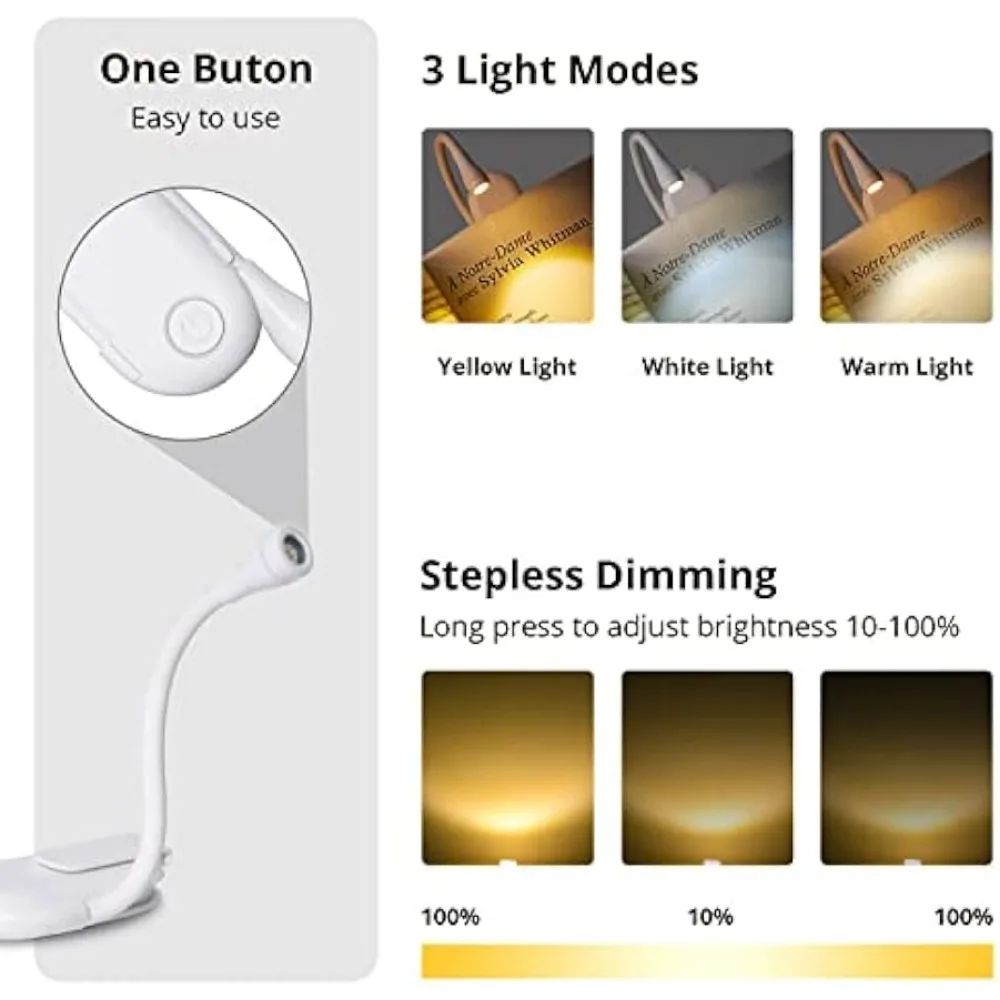 Book Light Reading Lights for Books in Bed Led Book Night Lamp Rechargeable 3 Color Stepless Brightness Clip on Reading Lamp