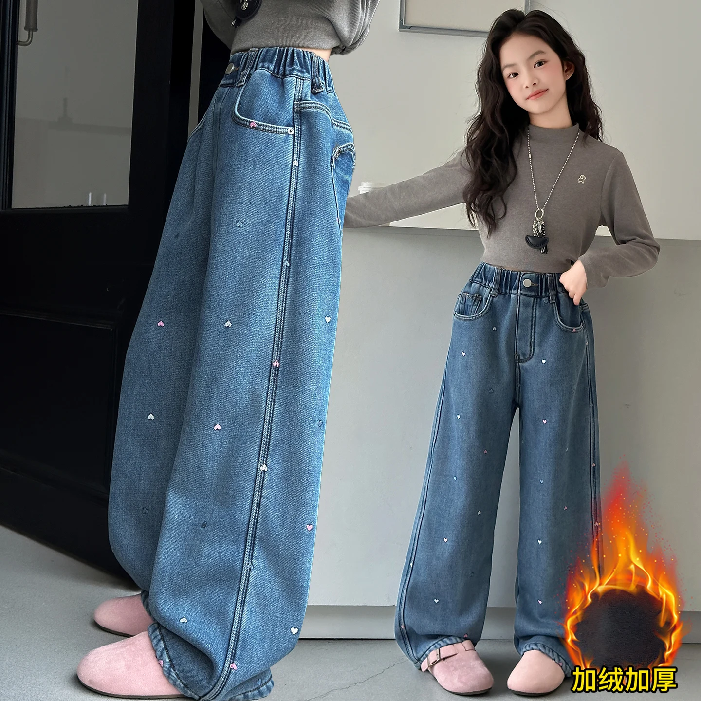 4 8 10 12 14 winter teen girls plush Colorful Embroidered Love Jeans junior kids Thick velvet denim pants child trousers clothes