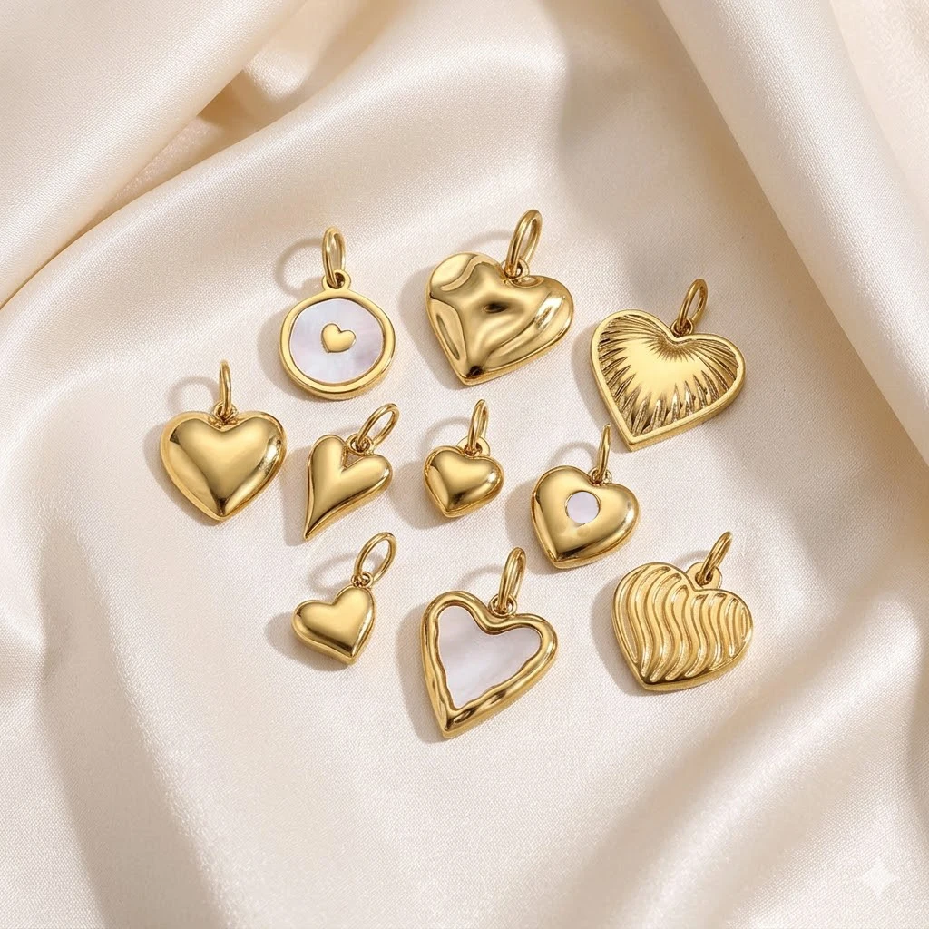 14K Gold Plated Stainless Steel Heart Pendant Mix Styles Shell Inlay Puffy Smooth Textured Heart Charms for Necklace Jewelry