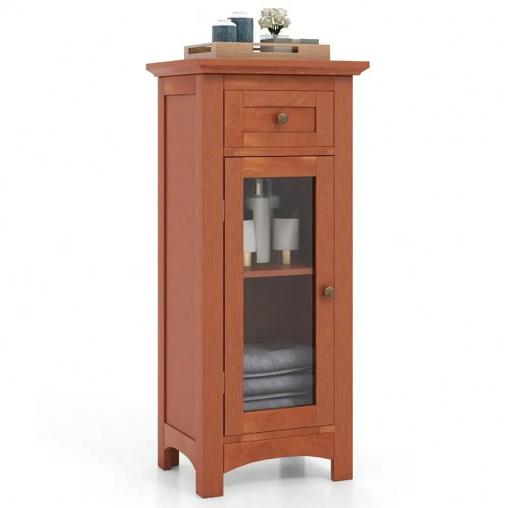 

Bathroom Floor Cabinet with Single Glass Door Drawer Adjustable Shelf