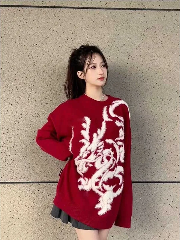 

Red Knitted Sweater Women's Slim Fit Casual Style Spring Autumn New Arrival Lucky Year Knitwear Outerwear Soft Long Sleeve